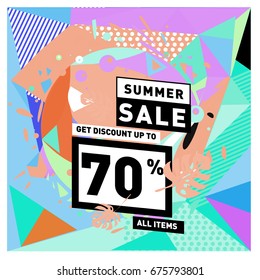 Summer sale geometric style web banner. Fashion and travel discount. Vector holiday Abstract colorful illustration with special offers and promotions.