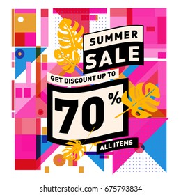 Summer sale geometric style web banner. Fashion and travel discount. Vector holiday Abstract colorful illustration with special offers and promotions.
