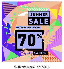Summer sale geometric style web banner. Fashion and travel discount. Vector holiday Abstract colorful illustration with special offers and promotions.