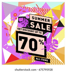 Summer sale geometric style web banner. Fashion and travel discount. Vector holiday Abstract colorful illustration with special offers and promotions.