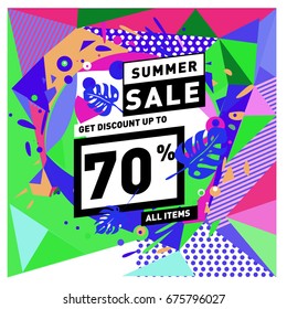 Summer sale geometric style web banner. Fashion and travel discount. Vector holiday Abstract colorful illustration with special offers and promotions.