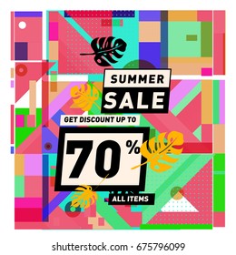Summer sale geometric style web banner. Fashion and travel discount. Vector holiday Abstract colorful illustration with special offers and promotions.