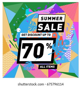 Summer sale geometric style web banner. Fashion and travel discount. Vector holiday Abstract colorful illustration with special offers and promotions.