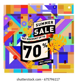 Summer sale geometric style web banner. Fashion and travel discount. Vector holiday Abstract colorful illustration with special offers and promotions.