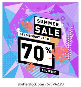 Summer sale geometric style web banner. Fashion and travel discount. Vector holiday Abstract colorful illustration with special offers and promotions.