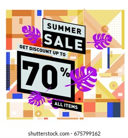 Summer sale geometric style web banner. Fashion and travel discount. Vector holiday Abstract colorful illustration with special offers and promotions.