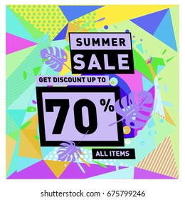 Summer sale geometric style web banner. Fashion and travel discount. Vector holiday Abstract colorful illustration with special offers and promotions.