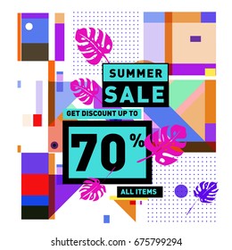 Summer sale geometric style web banner. Fashion and travel discount. Vector holiday Abstract colorful illustration with special offers and promotions.