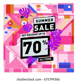 Summer sale geometric style web banner. Fashion and travel discount. Vector holiday Abstract colorful illustration with special offers and promotions.