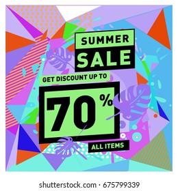 Summer sale geometric style web banner. Fashion and travel discount. Vector holiday Abstract colorful illustration with special offers and promotions.