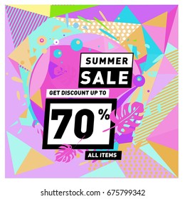 Summer sale geometric style web banner. Fashion and travel discount. Vector holiday Abstract colorful illustration with special offers and promotions.