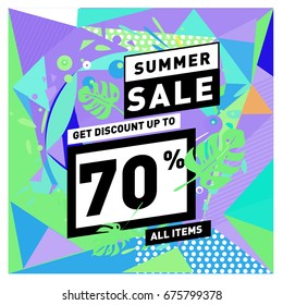 Summer sale geometric style web banner. Fashion and travel discount. Vector holiday Abstract colorful illustration with special offers and promotions.