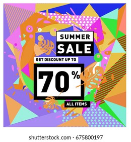 Summer sale geometric style web banner. Fashion and travel discount. Vector holiday Abstract colorful illustration with special offers and promotions.