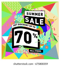 Summer sale geometric style web banner. Fashion and travel discount. Vector holiday Abstract colorful illustration with special offers and promotions.