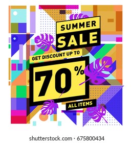 Summer sale geometric style web banner. Fashion and travel discount. Vector holiday Abstract colorful illustration with special offers and promotions.