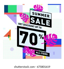 Summer sale geometric style web banner. Fashion and travel discount. Vector holiday Abstract colorful illustration with special offers and promotions.
