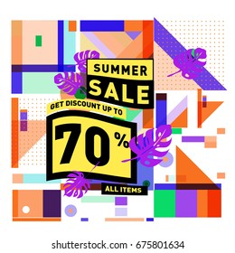 Summer sale geometric style web banner. Fashion and travel discount. Vector holiday Abstract colorful illustration with special offers and promotions.