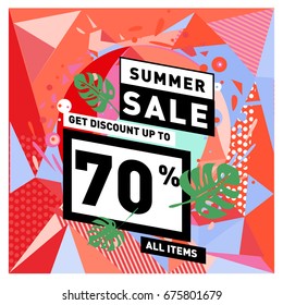 Summer sale geometric style web banner. Fashion and travel discount. Vector holiday Abstract colorful illustration with special offers and promotions.
