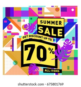 Summer sale geometric style web banner. Fashion and travel discount. Vector holiday Abstract colorful illustration with special offers and promotions.