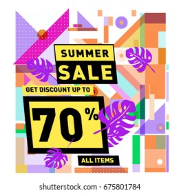 Summer sale geometric style web banner. Fashion and travel discount. Vector holiday Abstract colorful illustration with special offers and promotions.