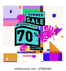 Summer sale geometric style web banner. Fashion and travel discount. Vector holiday Abstract colorful illustration with special offers and promotions.