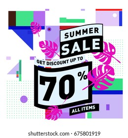Summer sale geometric style web banner. Fashion and travel discount. Vector holiday Abstract colorful illustration with special offers and promotions.