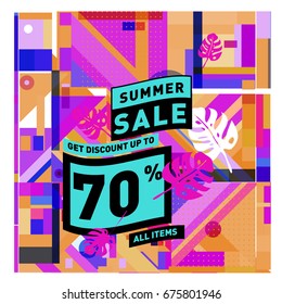 Summer sale geometric style web banner. Fashion and travel discount. Vector holiday Abstract colorful illustration with special offers and promotions.