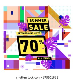 Summer sale geometric style web banner. Fashion and travel discount. Vector holiday Abstract colorful illustration with special offers and promotions.