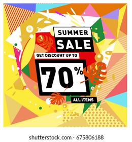 Summer sale geometric style web banner. Fashion and travel discount. Vector holiday Abstract colorful illustration with special offers and promotions.