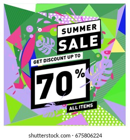 Summer sale geometric style web banner. Fashion and travel discount. Vector holiday Abstract colorful illustration with special offers and promotions.
