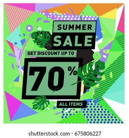 Summer sale geometric style web banner. Fashion and travel discount. Vector holiday Abstract colorful illustration with special offers and promotions.
