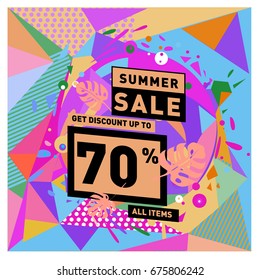 Summer sale geometric style web banner. Fashion and travel discount. Vector holiday Abstract colorful illustration with special offers and promotions.