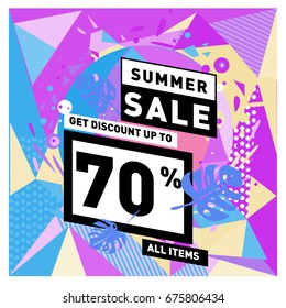 Summer sale geometric style web banner. Fashion and travel discount. Vector holiday Abstract colorful illustration with special offers and promotions.