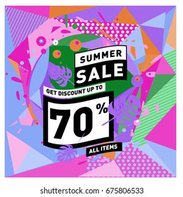 Summer sale geometric style web banner. Fashion and travel discount. Vector holiday Abstract colorful illustration with special offers and promotions.