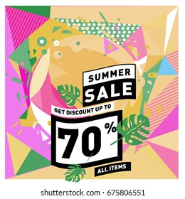 Summer sale geometric style web banner. Fashion and travel discount. Vector holiday Abstract colorful illustration with special offers and promotions.