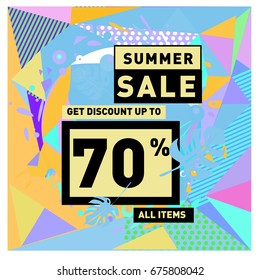 Summer sale geometric style web banner. Fashion and travel discount. Vector holiday Abstract colorful illustration with special offers and promotions.