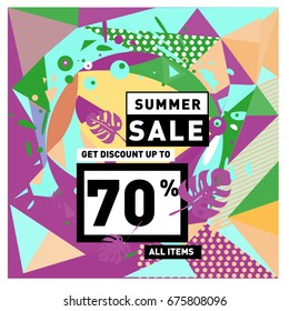 Summer sale geometric style web banner. Fashion and travel discount. Vector holiday Abstract colorful illustration with special offers and promotions.