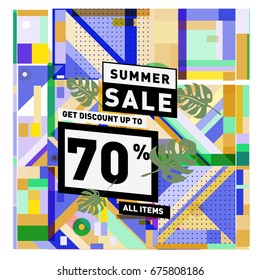 Summer sale geometric style web banner. Fashion and travel discount. Vector holiday Abstract colorful illustration with special offers and promotions.