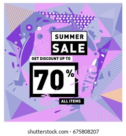 Summer sale geometric style web banner. Fashion and travel discount. Vector holiday Abstract colorful illustration with special offers and promotions.