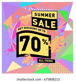 Summer sale geometric style web banner. Fashion and travel discount. Vector holiday Abstract colorful illustration with special offers and promotions.