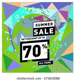 Summer sale geometric style web banner. Fashion and travel discount. Vector holiday Abstract colorful illustration with special offers and promotions.