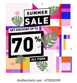 Summer sale geometric style web banner. Fashion and travel discount. Vector holiday Abstract colorful illustration with special offers and promotions.