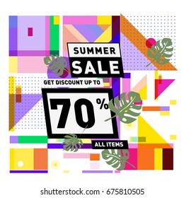Summer sale geometric style web banner. Fashion and travel discount. Vector holiday Abstract colorful illustration with special offers and promotions.