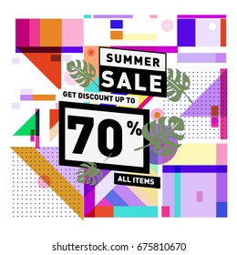 Summer sale geometric style web banner. Fashion and travel discount. Vector holiday Abstract colorful illustration with special offers and promotions.