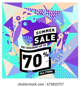 Summer sale geometric style web banner. Fashion and travel discount. Vector holiday Abstract colorful illustration with special offers and promotions.