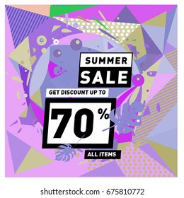 Summer sale geometric style web banner. Fashion and travel discount. Vector holiday Abstract colorful illustration with special offers and promotions.
