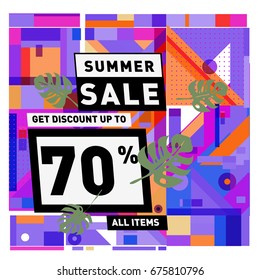 Summer sale geometric style web banner. Fashion and travel discount. Vector holiday Abstract colorful illustration with special offers and promotions.