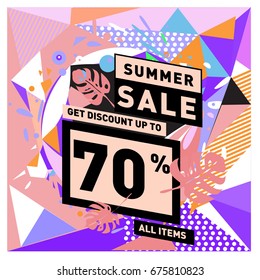 Summer sale geometric style web banner. Fashion and travel discount. Vector holiday Abstract colorful illustration with special offers and promotions.