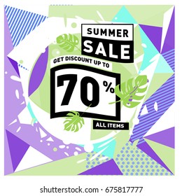 Summer sale geometric style web banner. Fashion and travel discount. Vector holiday Abstract colorful illustration with special offers and promotions.