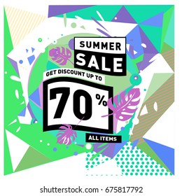 Summer sale geometric style web banner. Fashion and travel discount. Vector holiday Abstract colorful illustration with special offers and promotions.